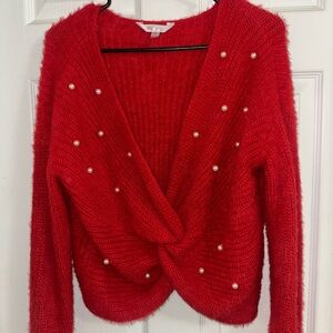 Fuzzy red deep V neck sweater with pearl beads